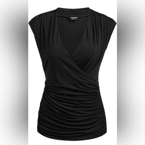 Zeagoo Black Ruched Wrap Front Sleeveless Top